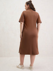 Women Brown Polo Neck Side Slit Midi Dress-SFDRSS13052