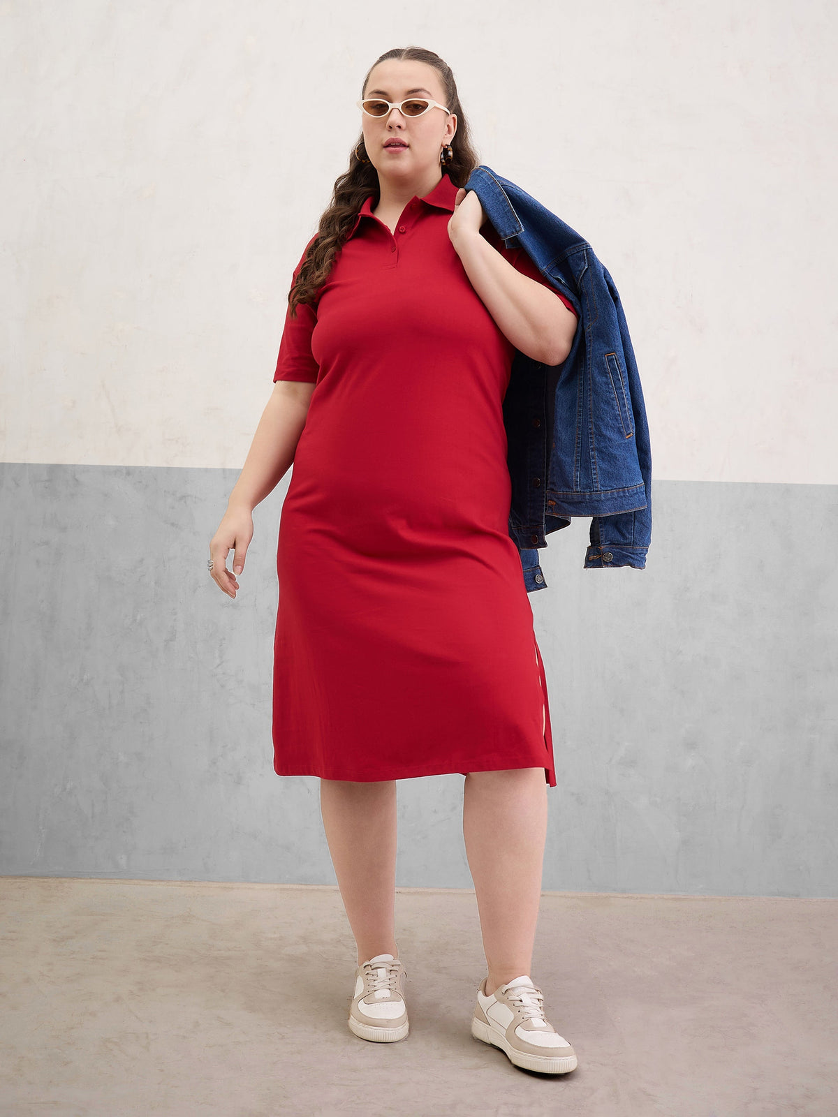 Women Red Polo Neck Side Slit Midi Dress-SFDRSS13053