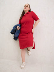 Women Red Polo Neck Side Slit Midi Dress-SFDRSS13053