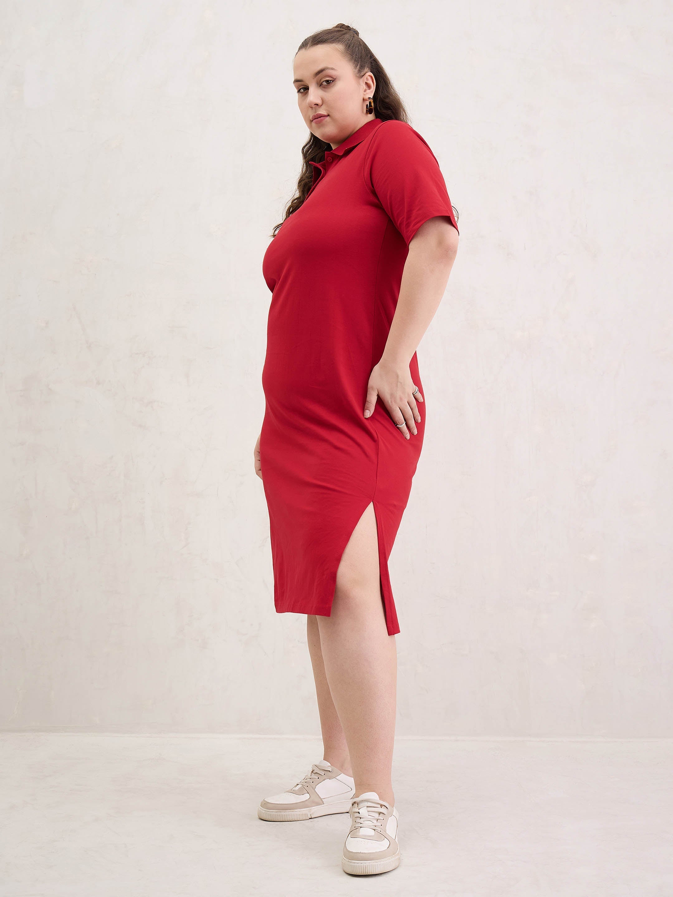 Women Red Polo Neck Side Slit Midi Dress-SFDRSS13053