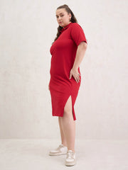 Women Red Polo Neck Side Slit Midi Dress-SFDRSS13053