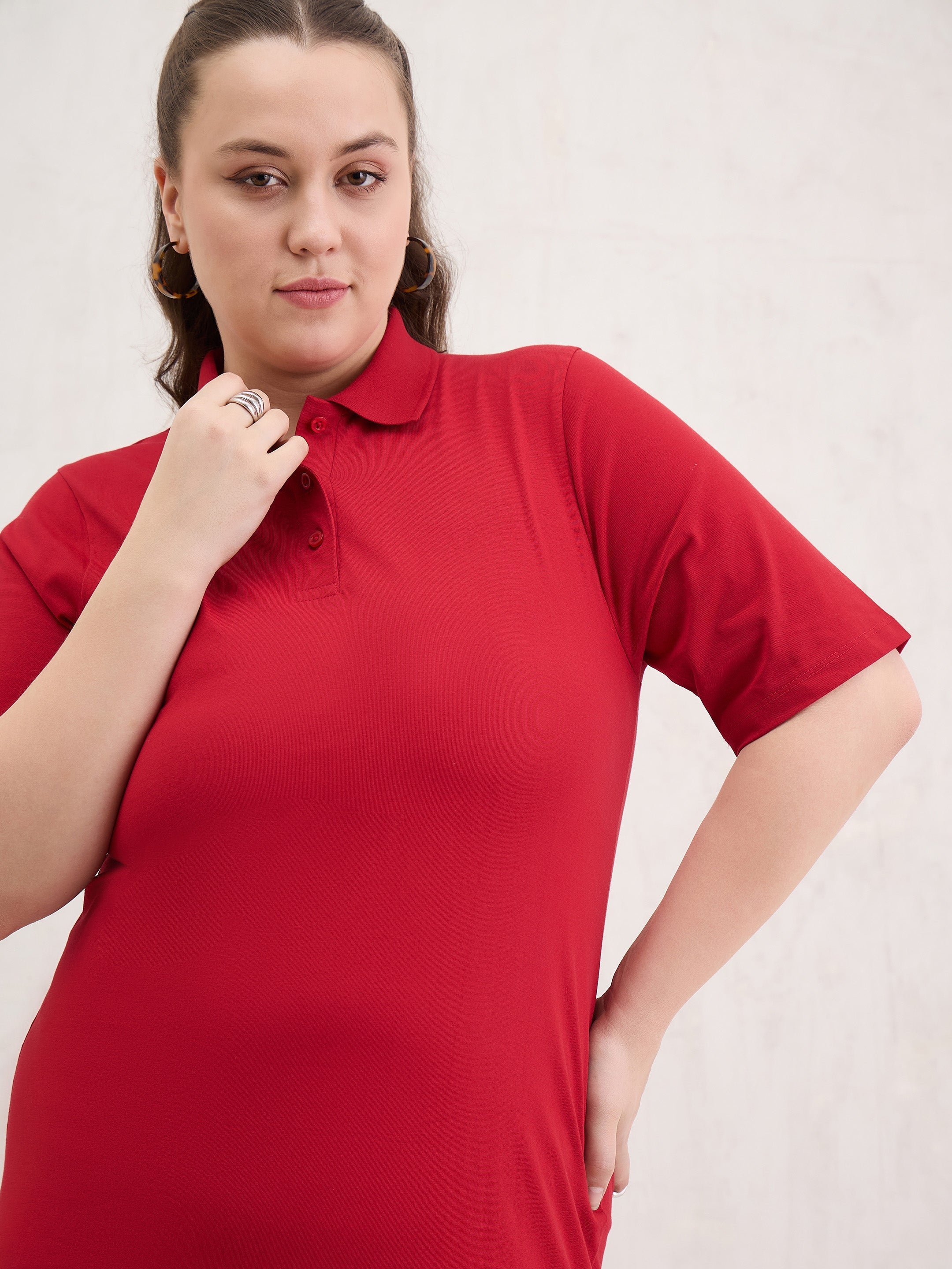 Women Red Polo Neck Side Slit Midi Dress-SFDRSS13053