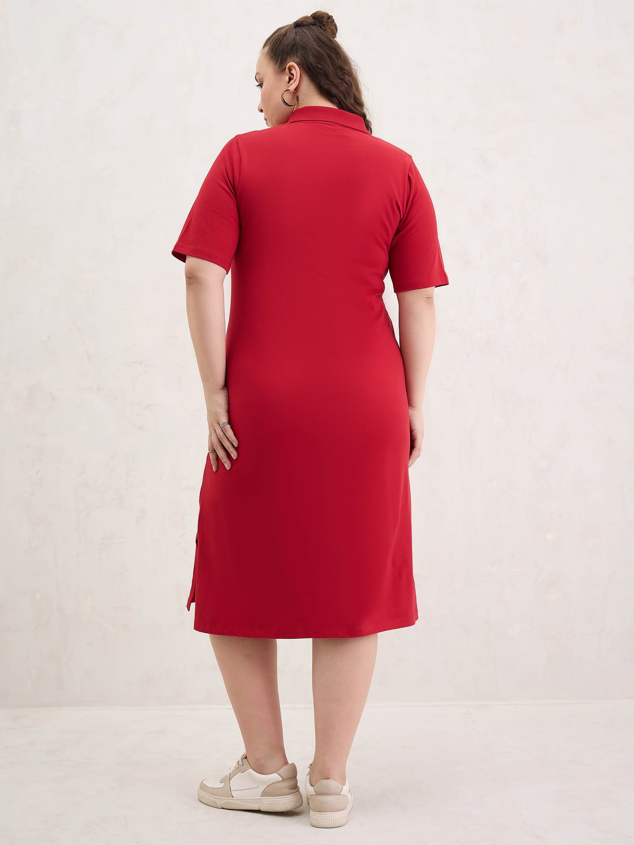 Women Red Polo Neck Side Slit Midi Dress-SFDRSS13053