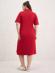 Women Red Polo Neck Side Slit Midi Dress-SFDRSS13053