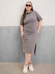 Women Grey Polo Neck Side Slit Midi Dress-SFDRSS13054