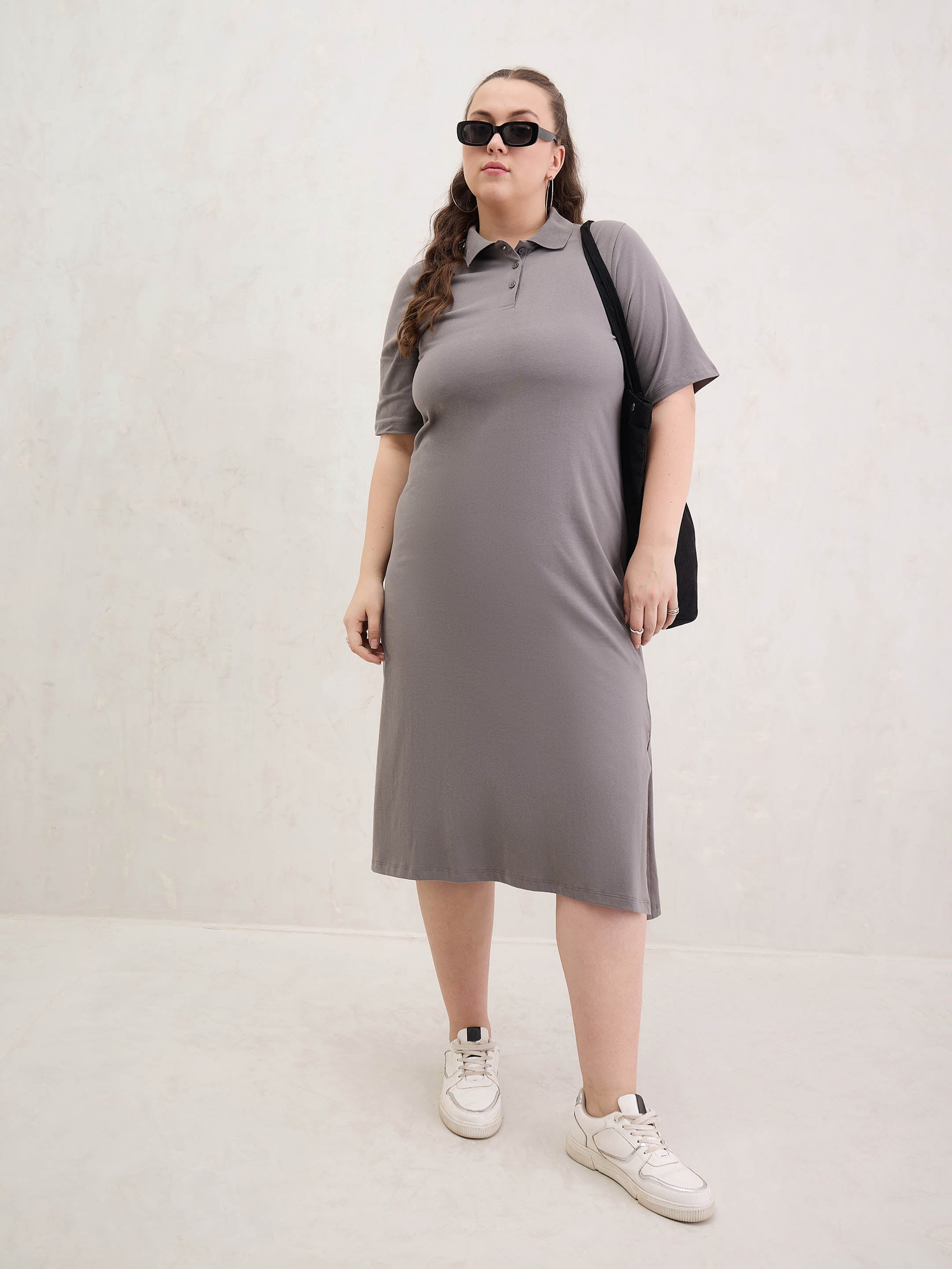 Women Grey Polo Neck Side Slit Midi Dress-SFDRSS13054