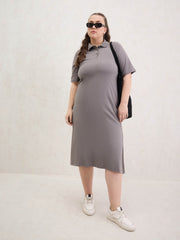Women Grey Polo Neck Side Slit Midi Dress-SFDRSS13054