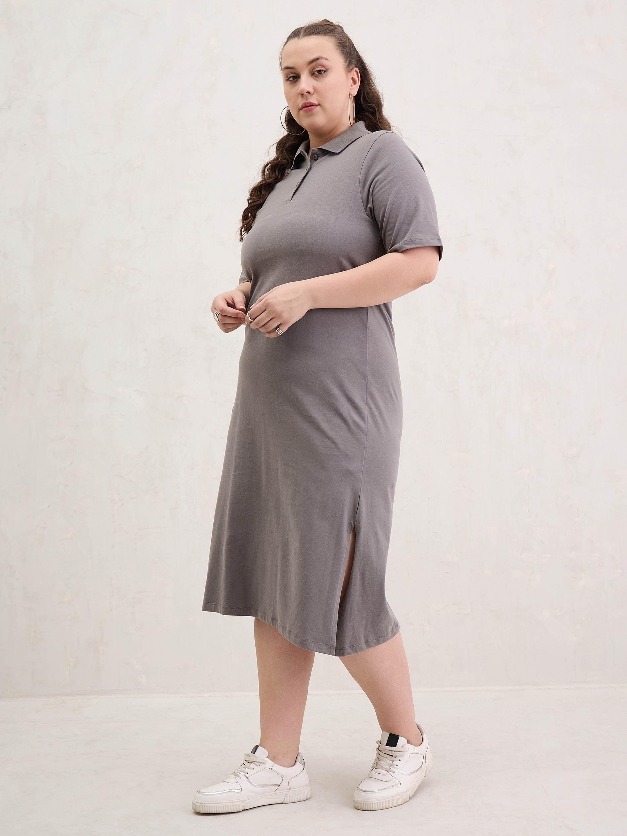 Women Grey Polo Neck Side Slit Midi Dress-SFDRSS13054