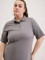 Women Grey Polo Neck Side Slit Midi Dress-SFDRSS13054