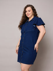Women Navy Denim Front Button Short Dress-SFDRSS13055