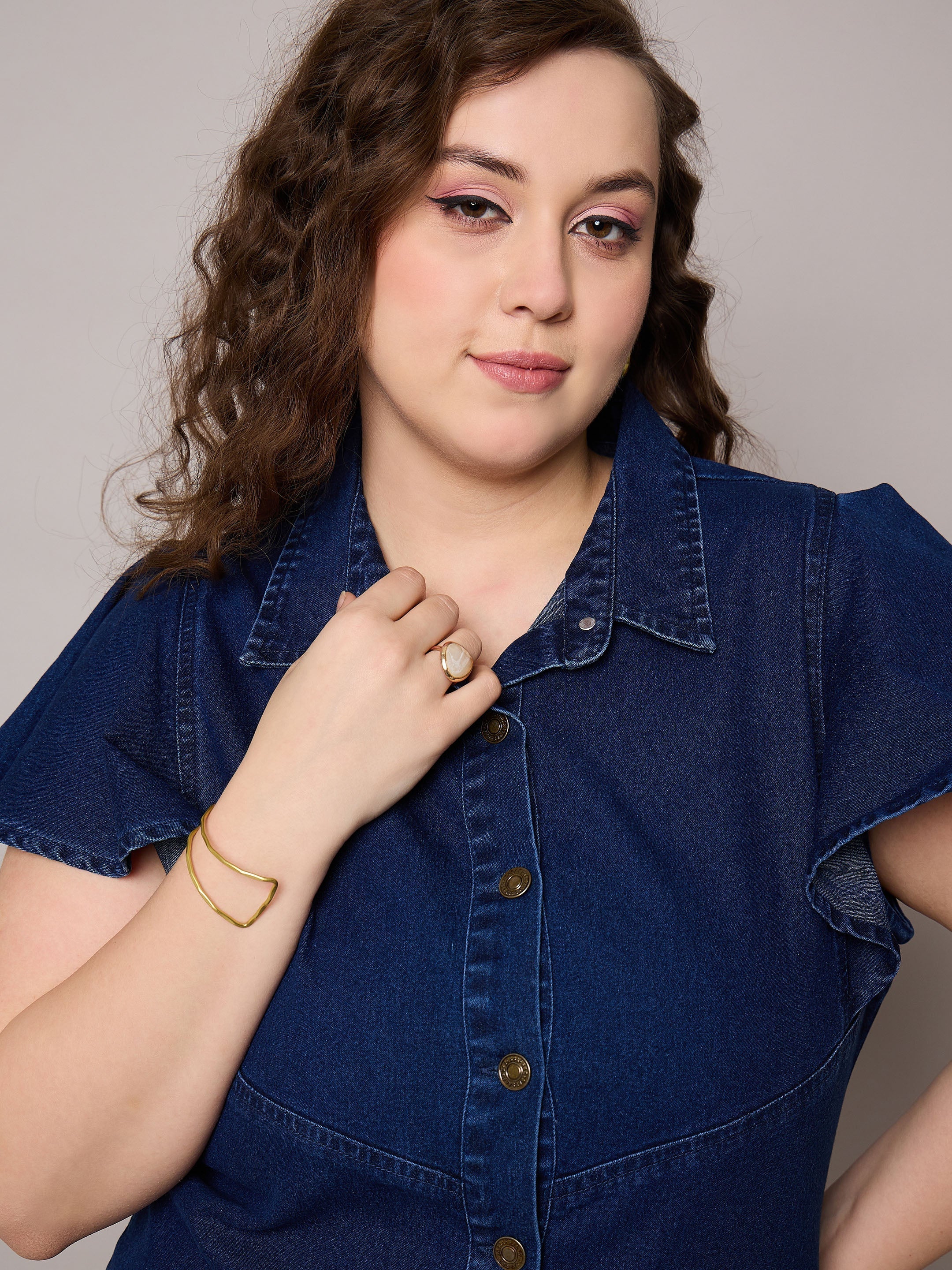 Women Navy Denim Front Button Short Dress-SFDRSS13055