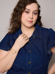 Women Navy Denim Front Button Short Dress-SFDRSS13055