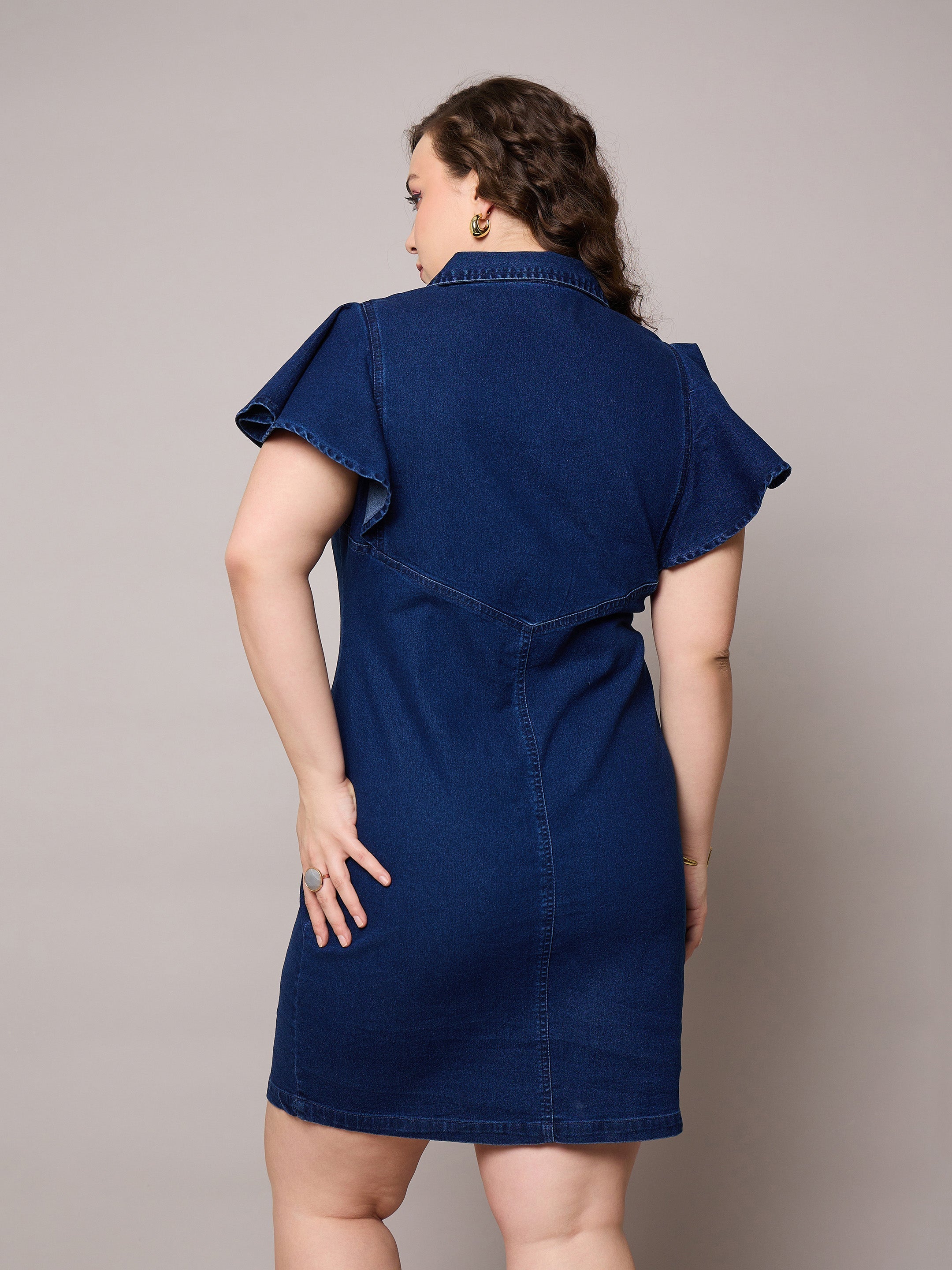 Women Navy Denim Front Button Short Dress-SFDRSS13055