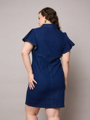 Women Navy Denim Front Button Short Dress-SFDRSS13055