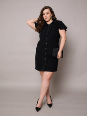 Women Black Denim Front Button Short Dress-SFDRSS13056
