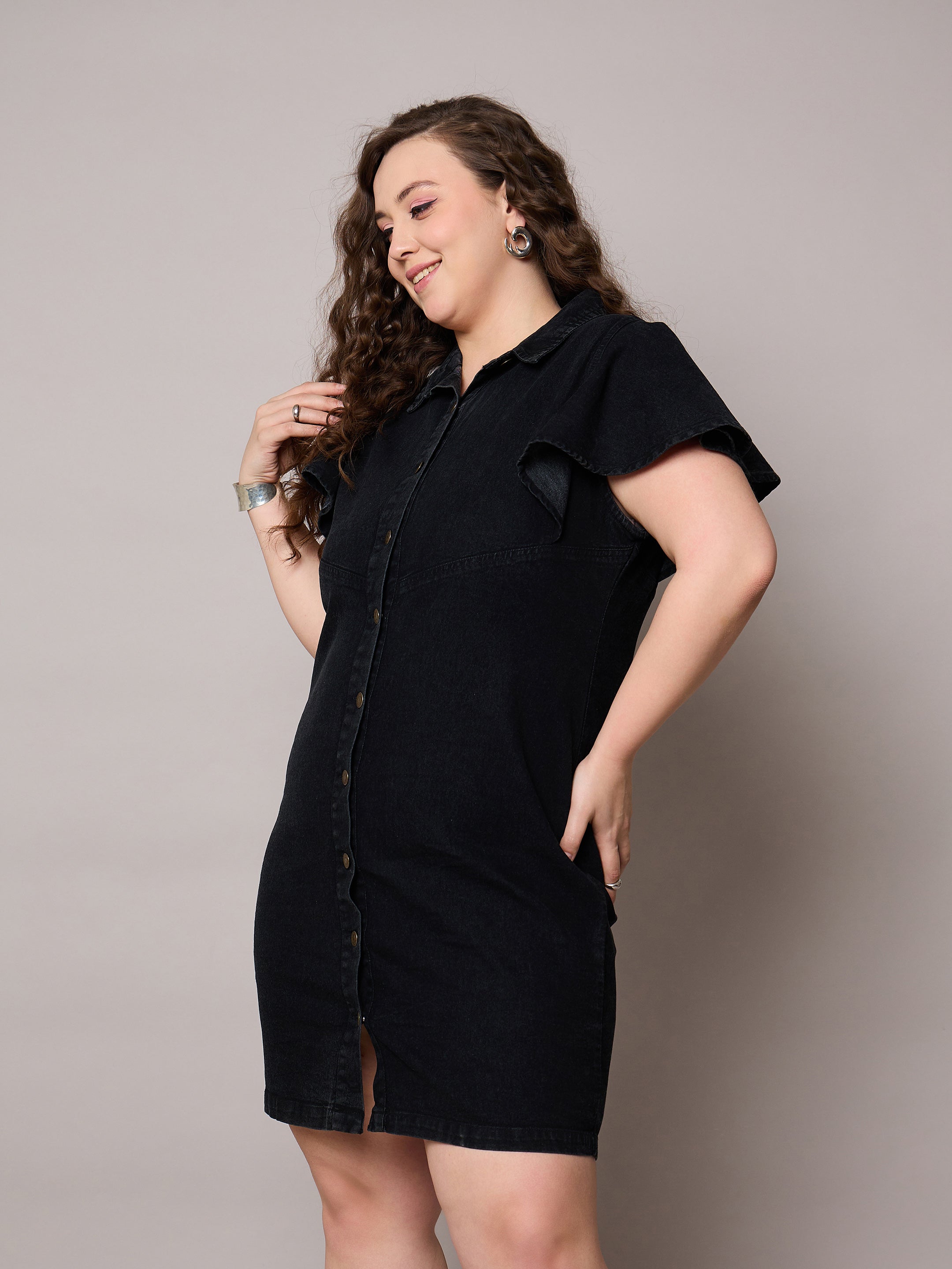 Women Black Denim Front Button Short Dress-SFDRSS13056