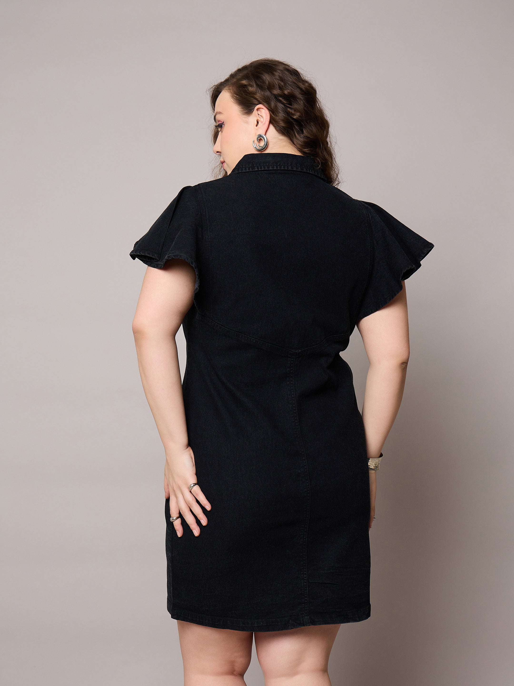 Women Black Denim Front Button Short Dress-SFDRSS13056