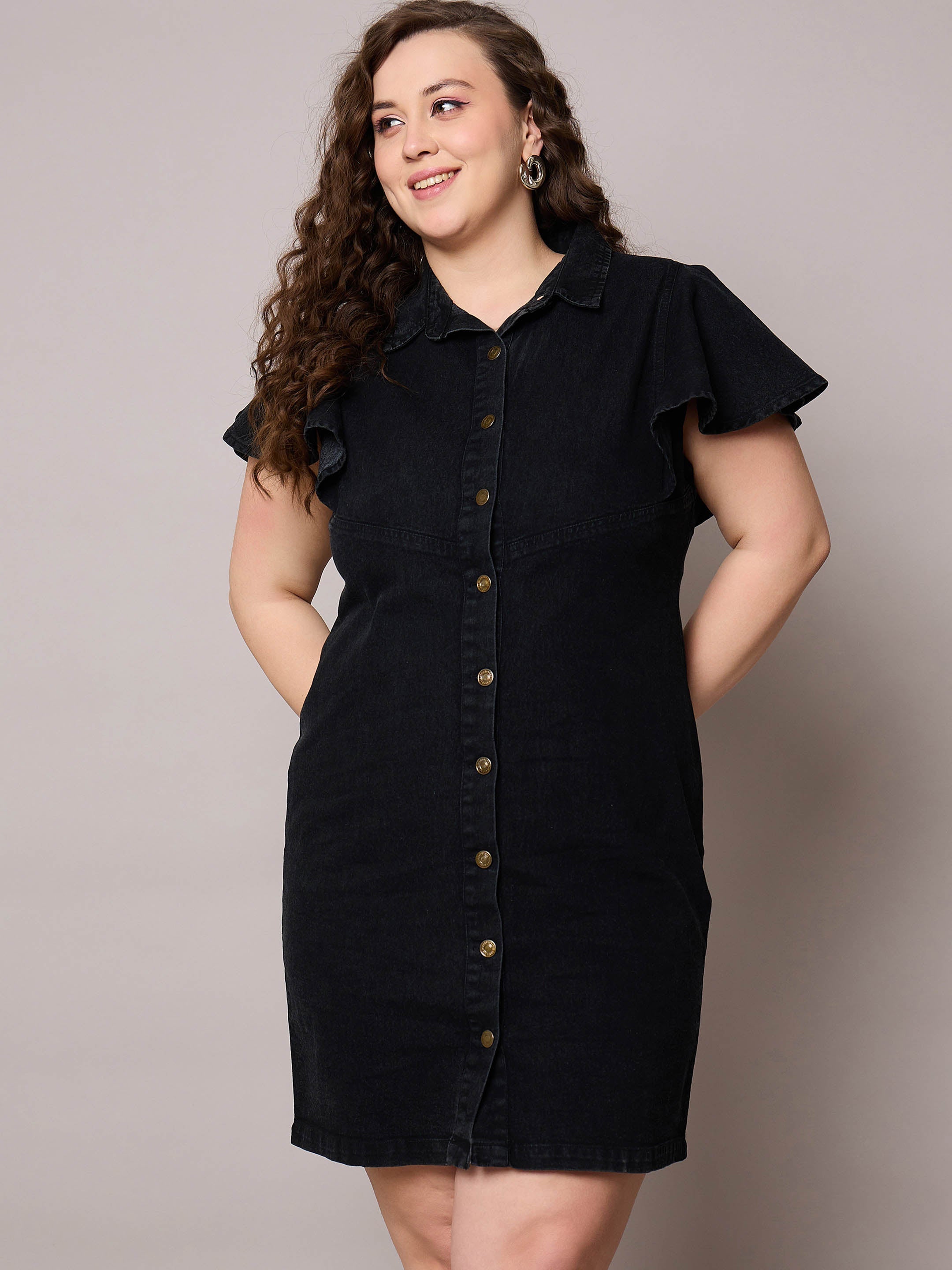 Women Black Denim Front Button Short Dress-SFDRSS13056