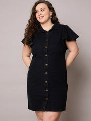 Women Black Denim Front Button Short Dress-SFDRSS13056