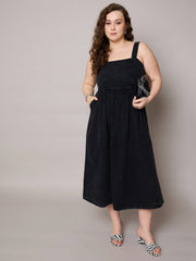 Women Black Tencel Strappy Midi Dress-SFDRSS13057