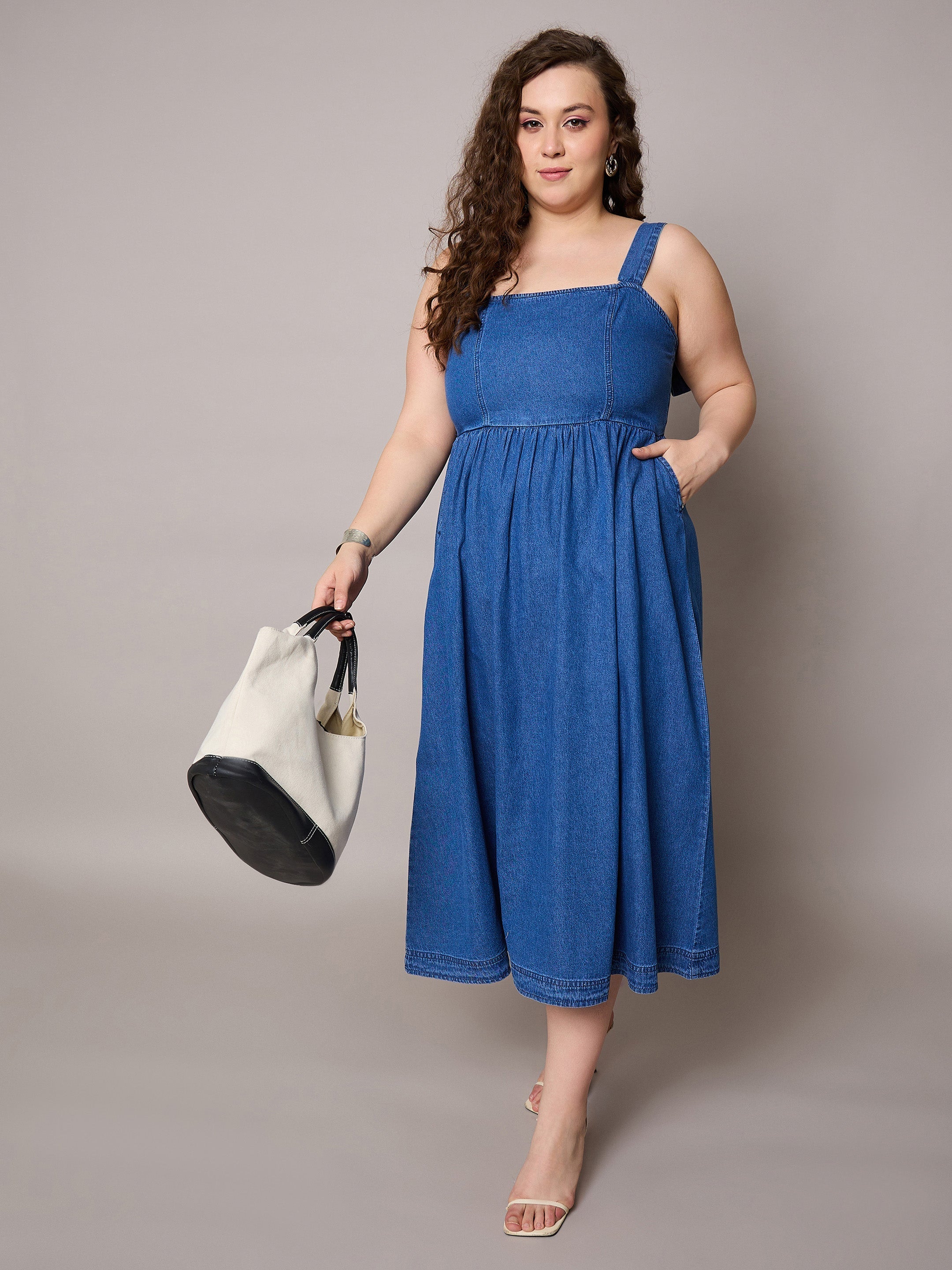 Women Navy Tencel Strappy Midi Dress-SFDRSS13058