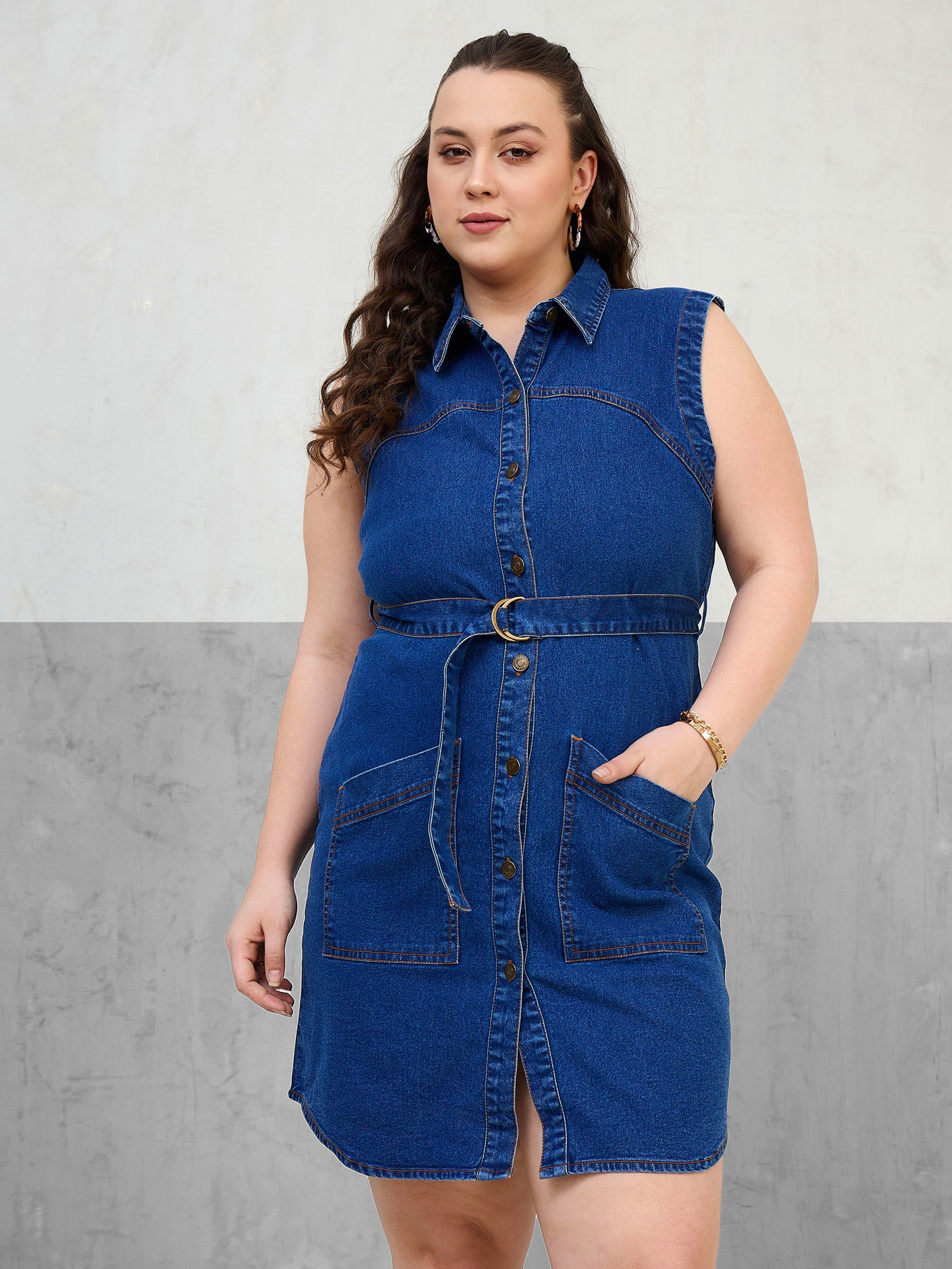 Women Navy Denim Sleeveless Short Dress-SFDRSS13059