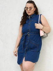 Women Navy Denim Sleeveless Short Dress-SFDRSS13059