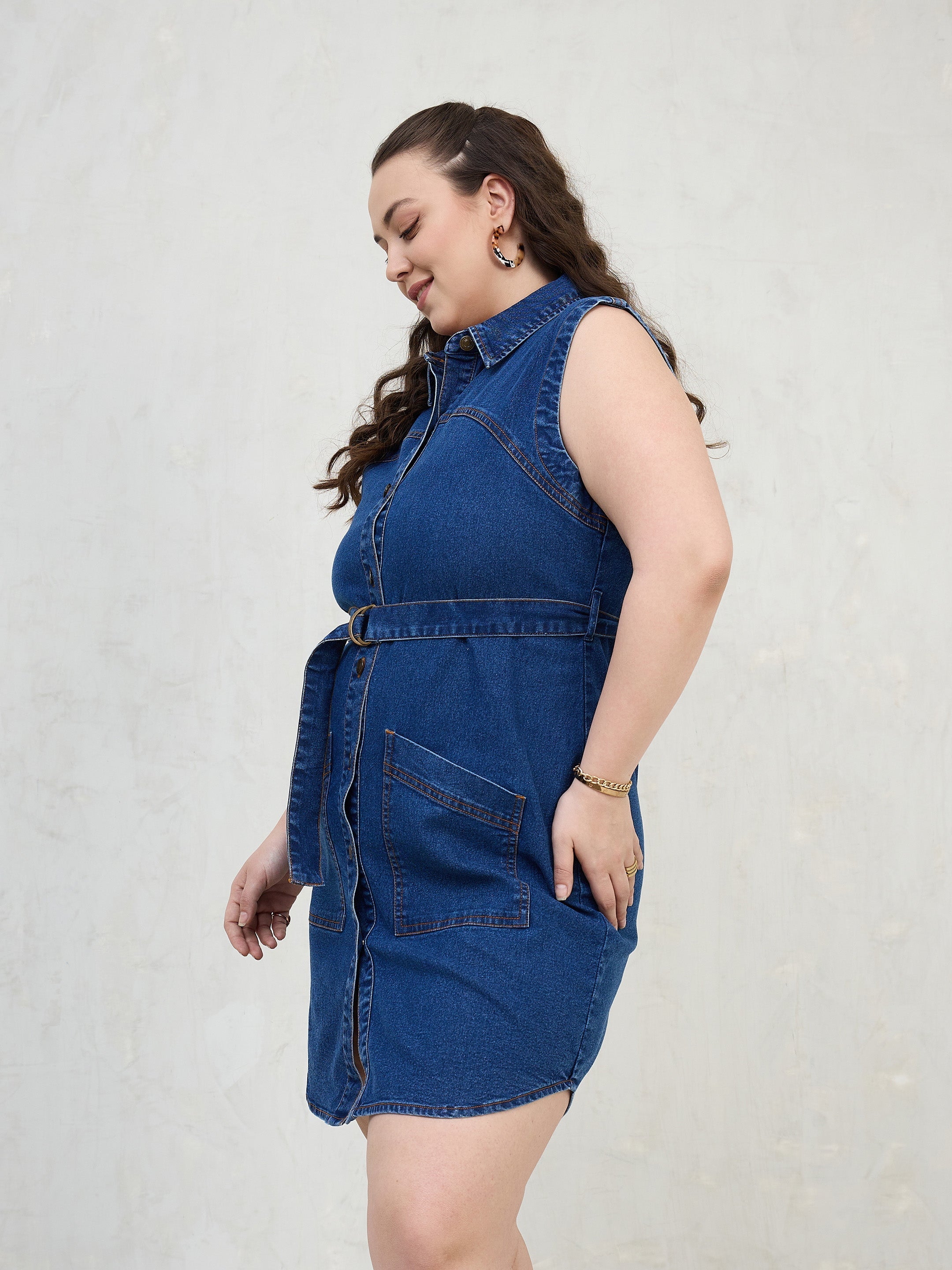 Women Navy Denim Sleeveless Short Dress-SFDRSS13059