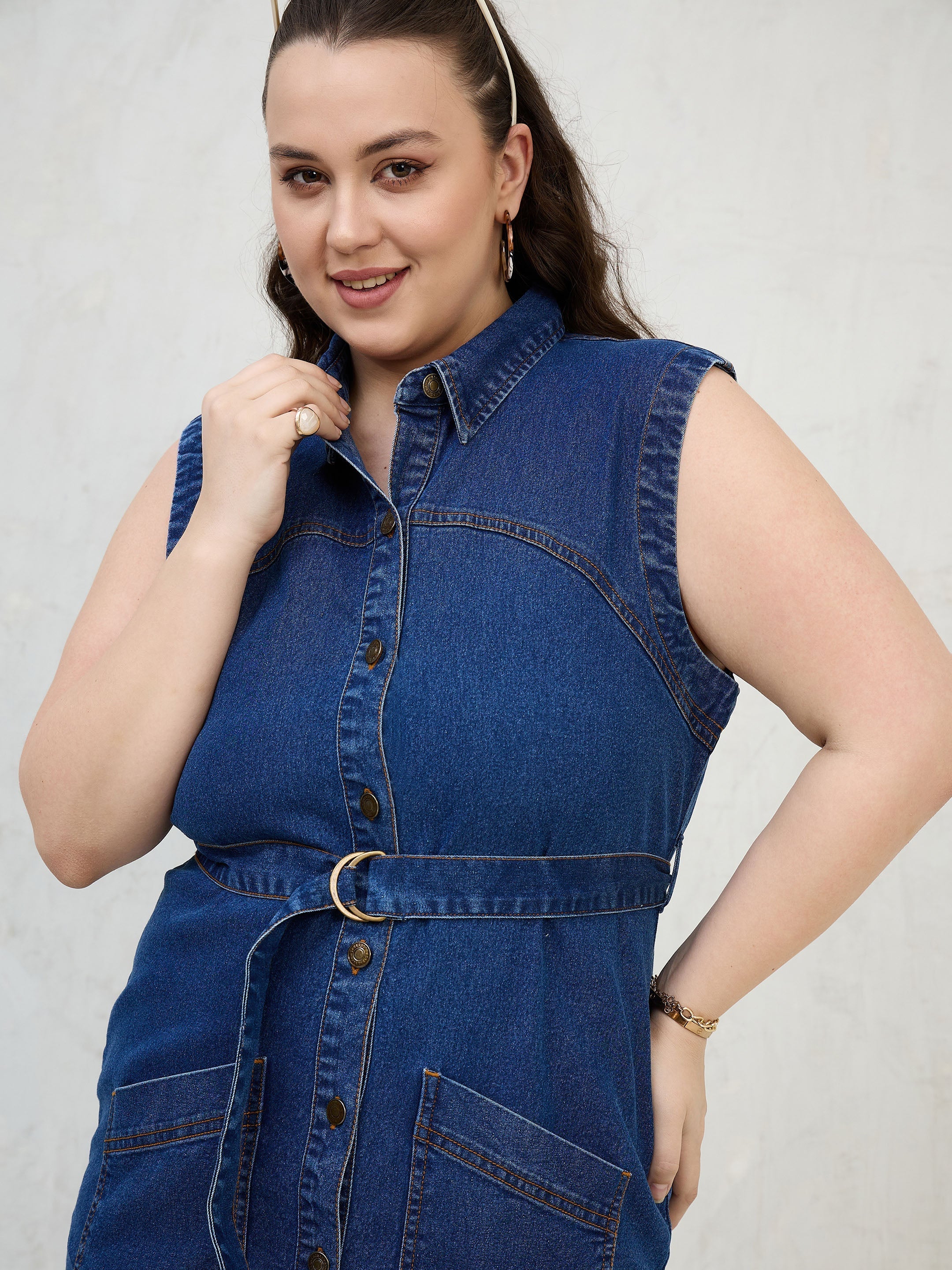 Women Navy Denim Sleeveless Short Dress-SFDRSS13059