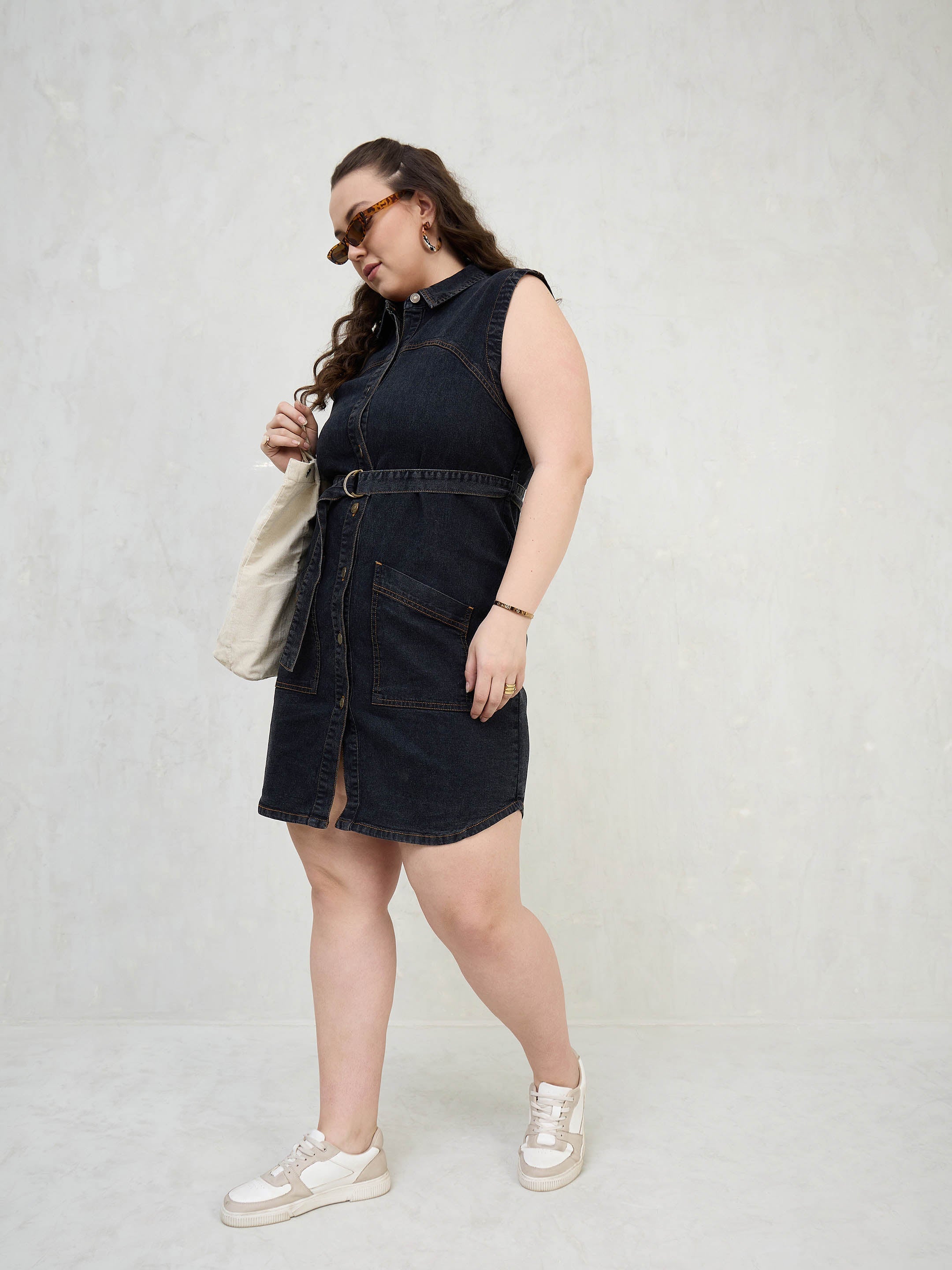 Women Black Denim Sleeveless Short Dress-SFDRSS13060