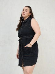 Women Black Denim Sleeveless Short Dress-SFDRSS13060