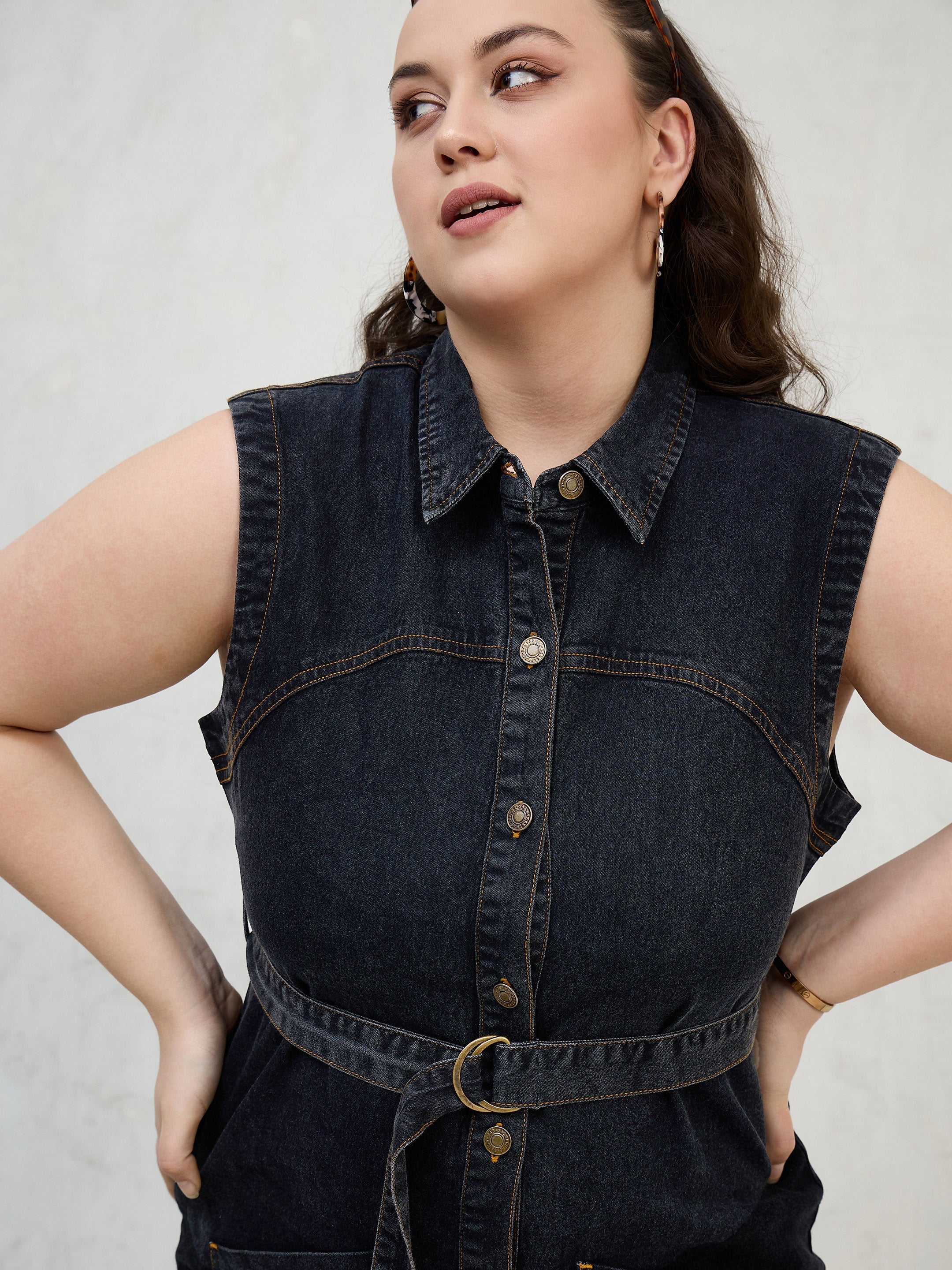 Women Black Denim Sleeveless Short Dress-SFDRSS13060