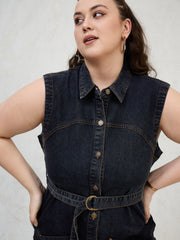 Women Black Denim Sleeveless Short Dress-SFDRSS13060