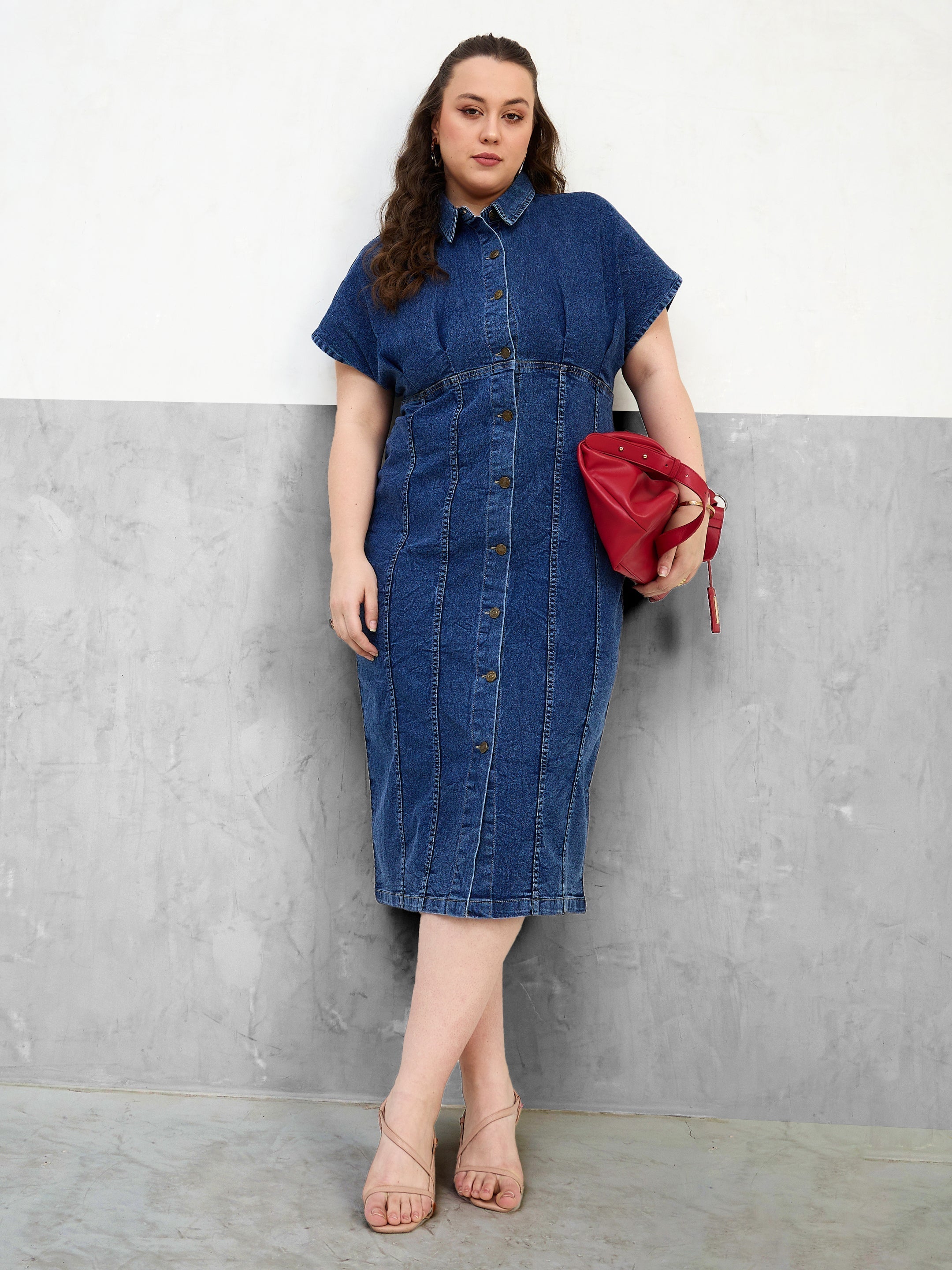 Women Navy Denim Kimono Sleeves Midi Dress-SFDRSS13061