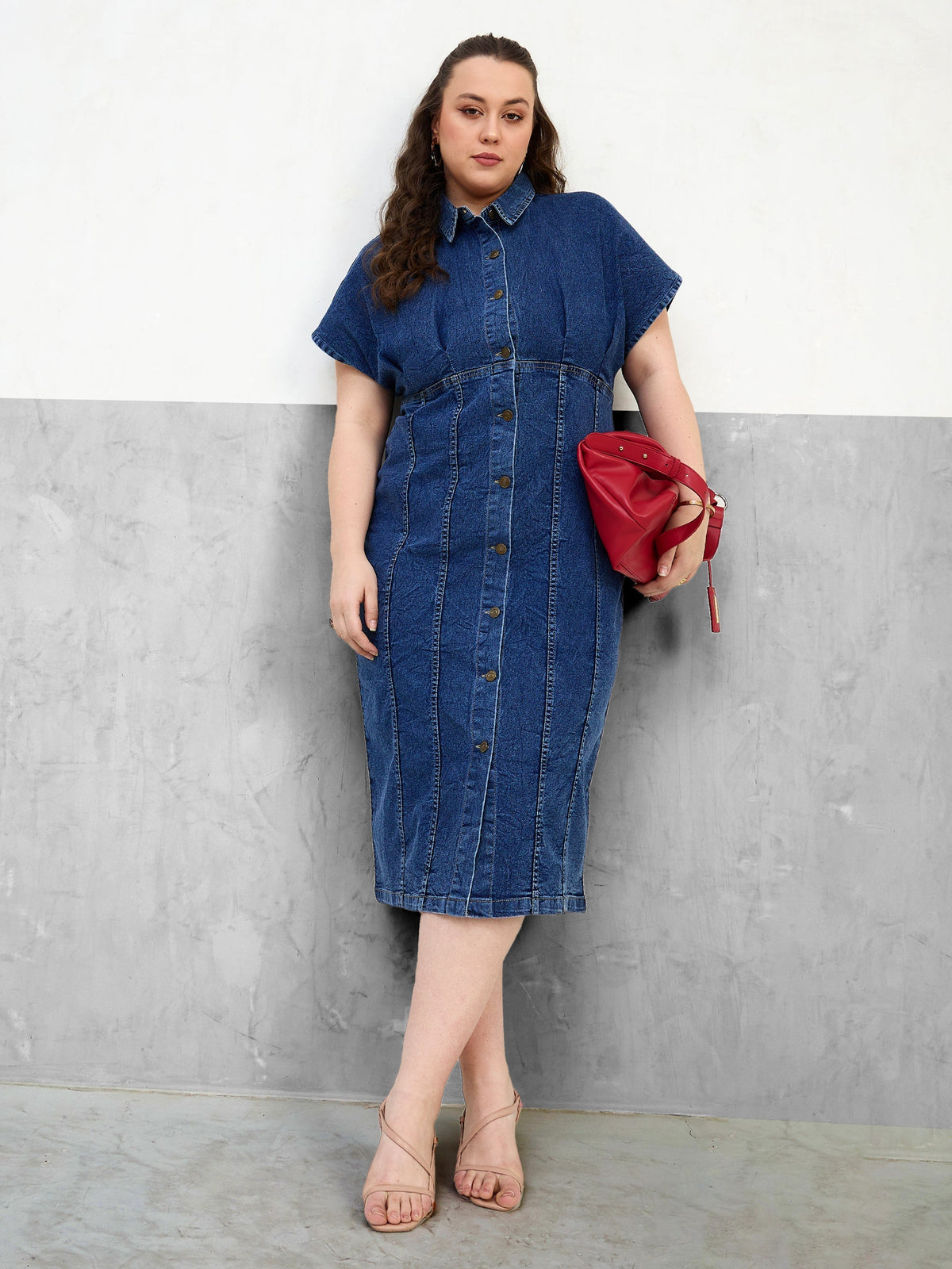 Women Navy Denim Kimono Sleeves Midi Dress-SFDRSS13061