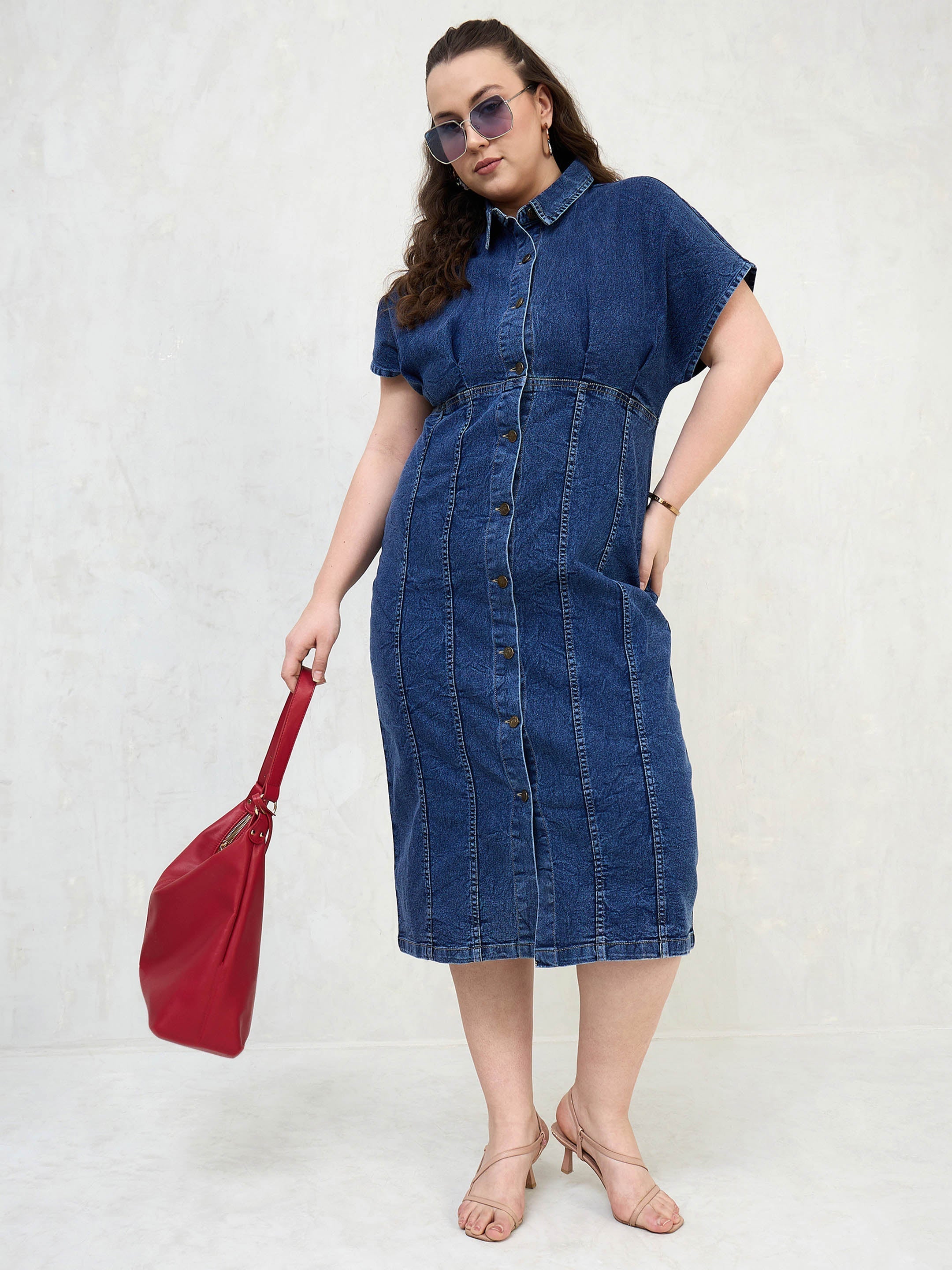 Women Navy Denim Kimono Sleeves Midi Dress-SFDRSS13061