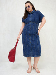 Women Navy Denim Kimono Sleeves Midi Dress-SFDRSS13061