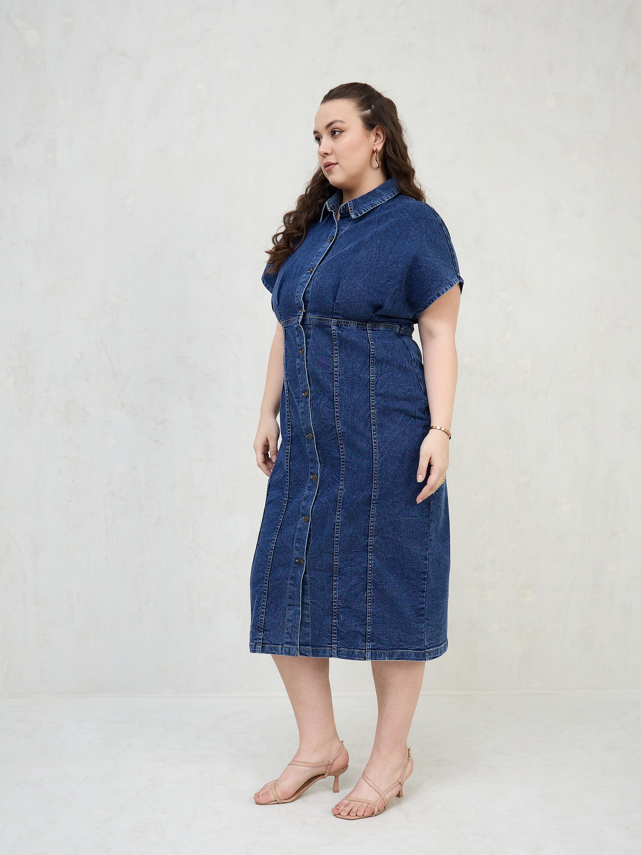 Women Navy Denim Kimono Sleeves Midi Dress-SFDRSS13061