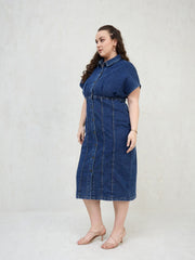 Women Navy Denim Kimono Sleeves Midi Dress-SFDRSS13061