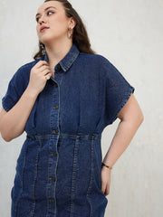 Women Navy Denim Kimono Sleeves Midi Dress-SFDRSS13061