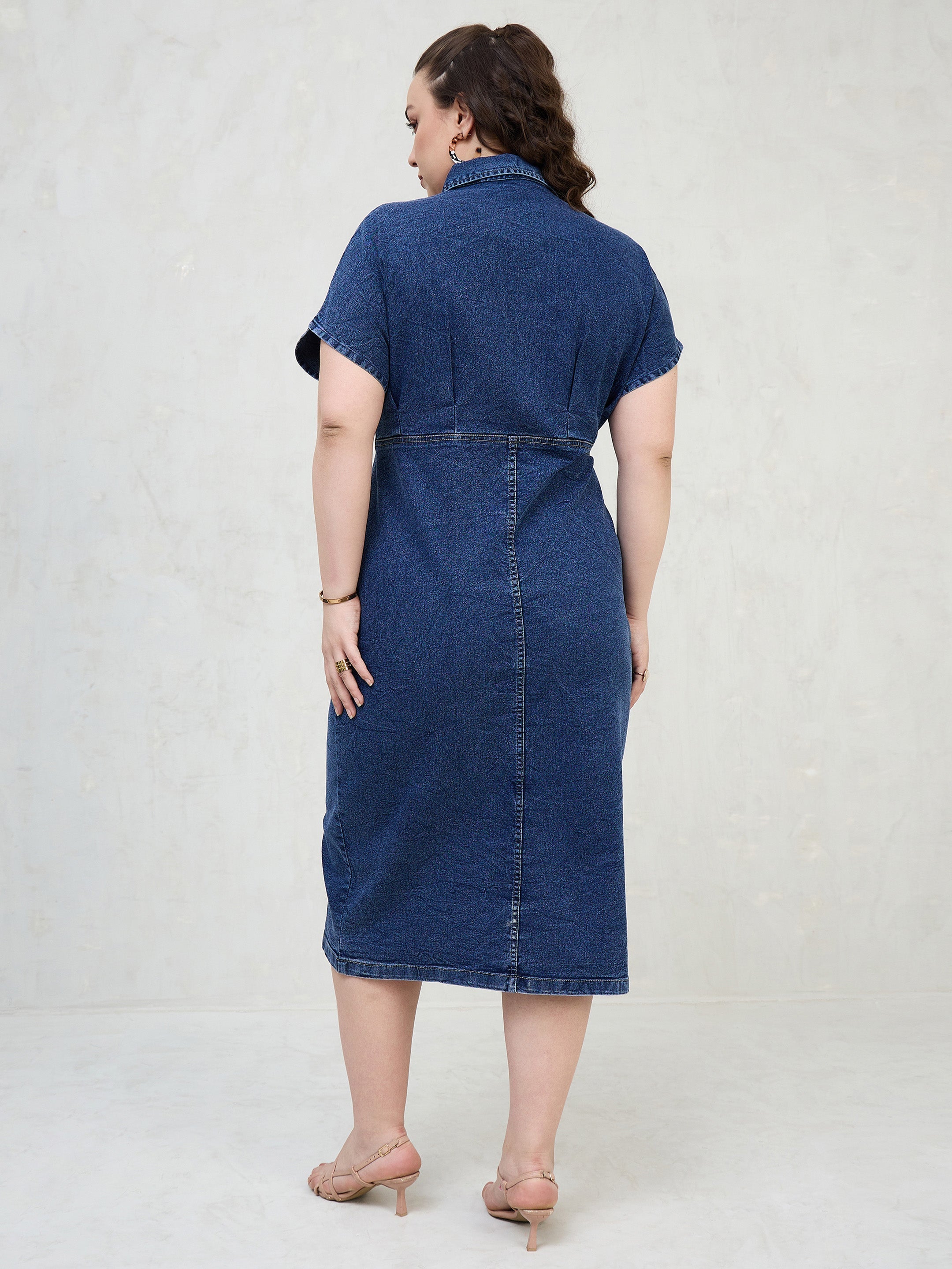 Women Navy Denim Kimono Sleeves Midi Dress-SFDRSS13061