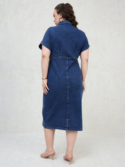 Women Navy Denim Kimono Sleeves Midi Dress-SFDRSS13061
