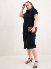 Women Black Denim Kimono Sleeves Midi Dress-SFDRSS13062