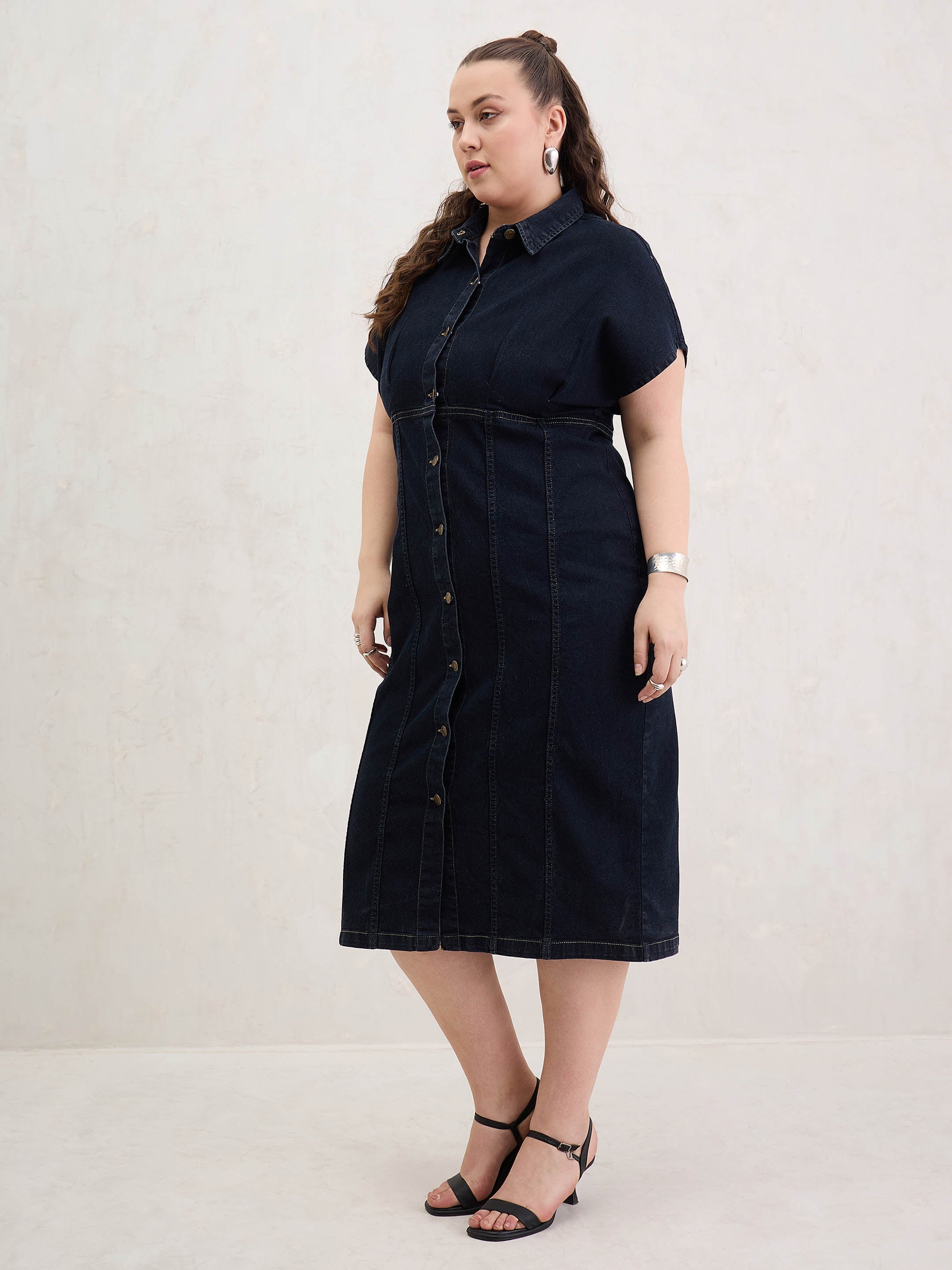 Women Black Denim Kimono Sleeves Midi Dress-SFDRSS13062