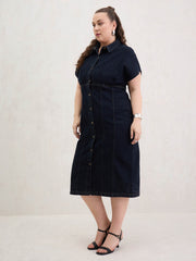 Women Black Denim Kimono Sleeves Midi Dress-SFDRSS13062