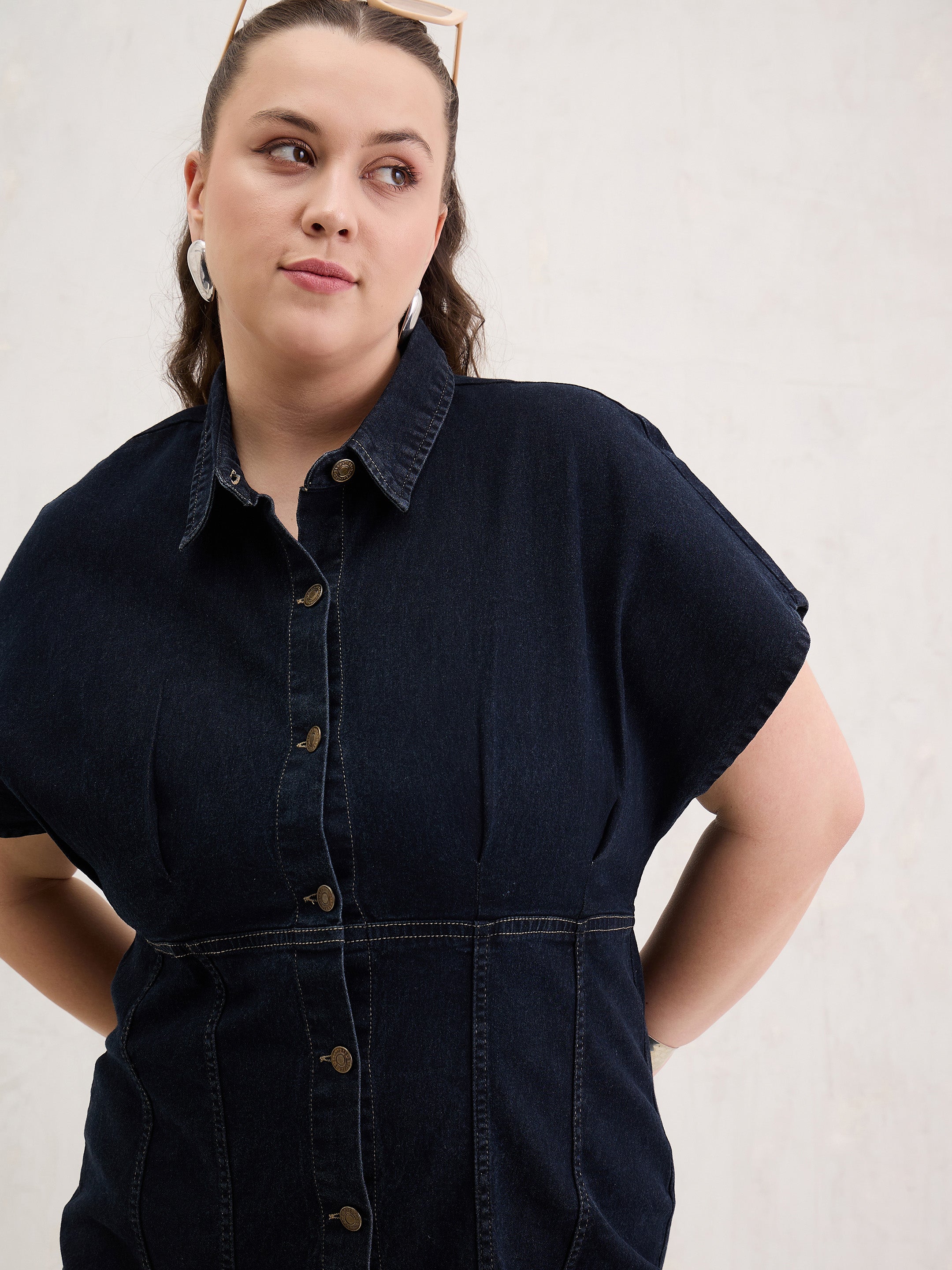 Women Black Denim Kimono Sleeves Midi Dress-SFDRSS13062