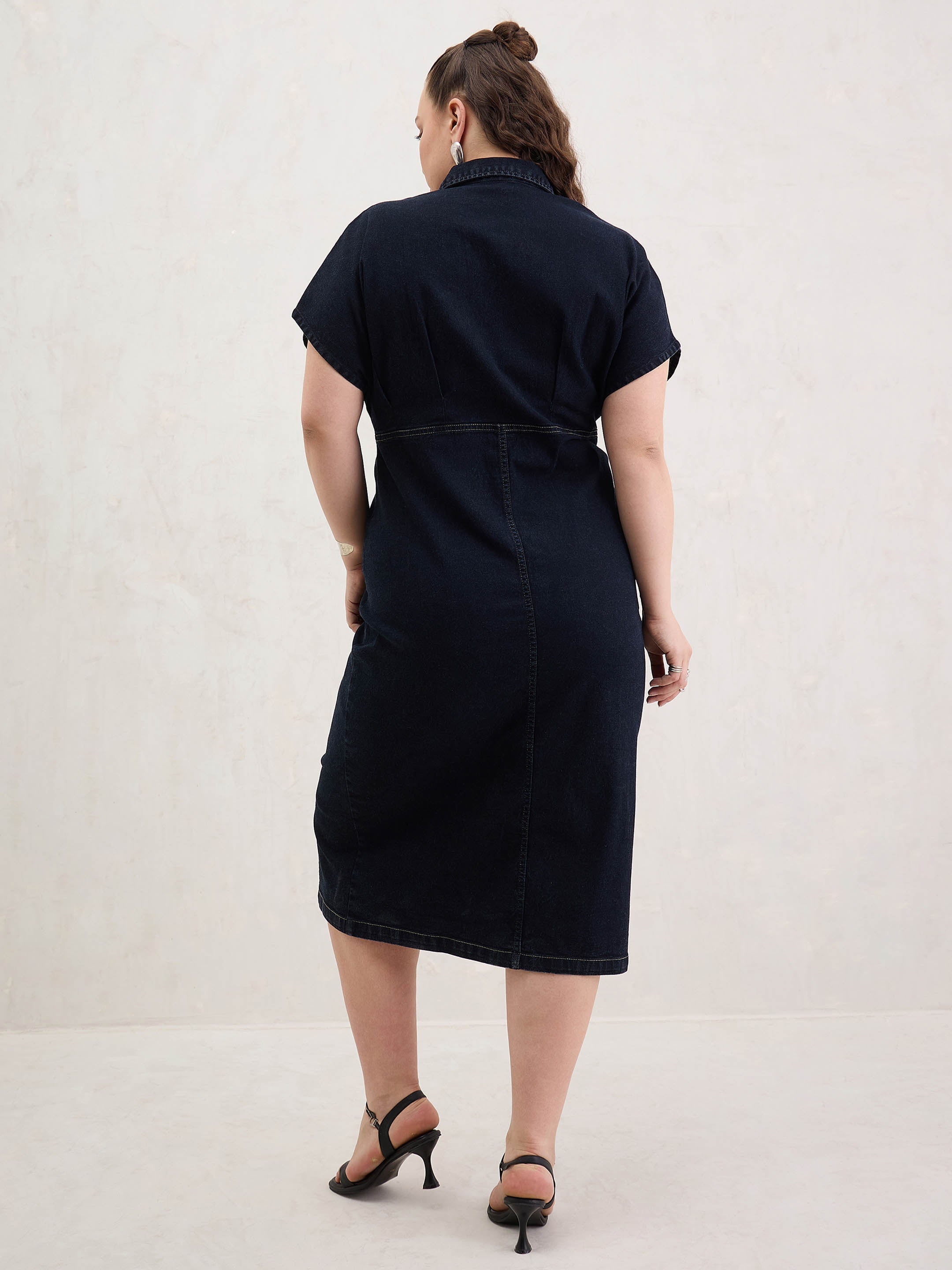 Women Black Denim Kimono Sleeves Midi Dress-SFDRSS13062