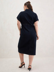 Women Black Denim Kimono Sleeves Midi Dress-SFDRSS13062