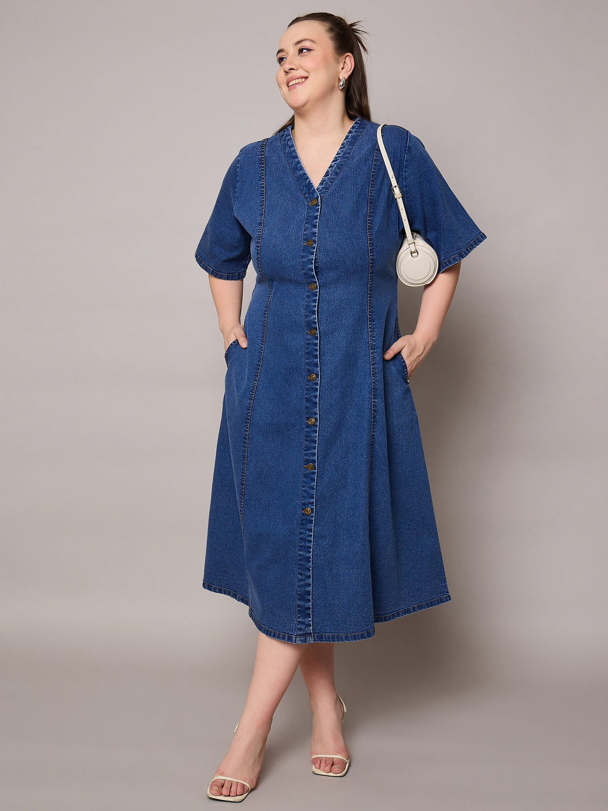 Women Navy Denim V Neck Midi Dress-SFDRSS13063