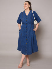 Women Navy Denim V Neck Midi Dress-SFDRSS13063